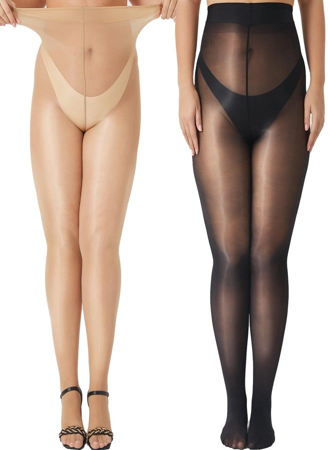 MANZI Women's Plus Size Shimmer Glossy Sheer Tights Seamless Shiny Silk reflections Footed Pantyhose Oil Pearlescent Stockings with Control Top Ultra Shimmery High Waist Nylons(Black+Natural,3XL-4XL) - Image 1